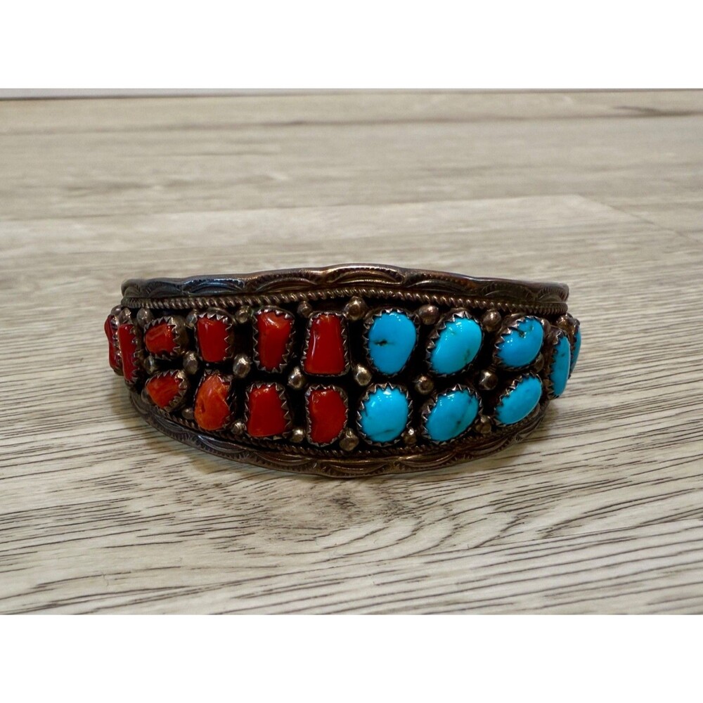 Navajo Yellowhorse Turquoise Coral Sterling Silver Cuff Bracelet Native American - Picture 12 of 16